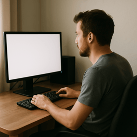 una persona sentada frente a una computadora pero en la vida real-1
