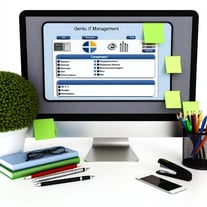 An image of a computer screen displaying the GLPI software interface, showing various tools and resources for IT management. The screen is surrounded by office supplies and a plant, symbolizing efficiency and organization in a workplace setting