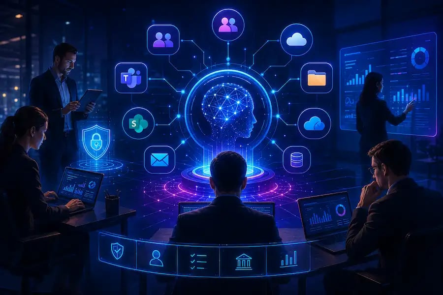 Ecosistema Microsoft 365 con colaboración, información, identidades y seguridad conectados alrededor de inteligencia artificial