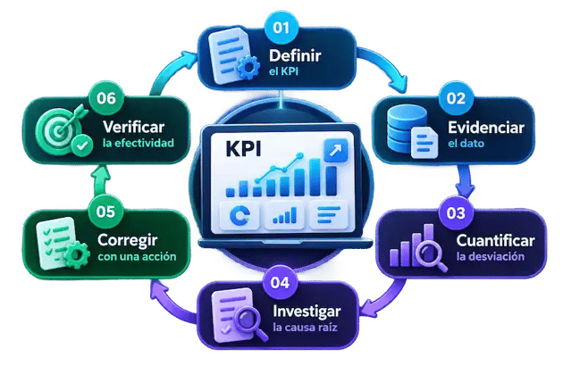 Método de auditoría de KPI en seis pasos: definir, evidenciar, cuantificar, investigar, corregir y verificar