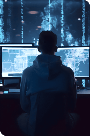 back-view-man-sitting-front-computer-monitor-looking-screen