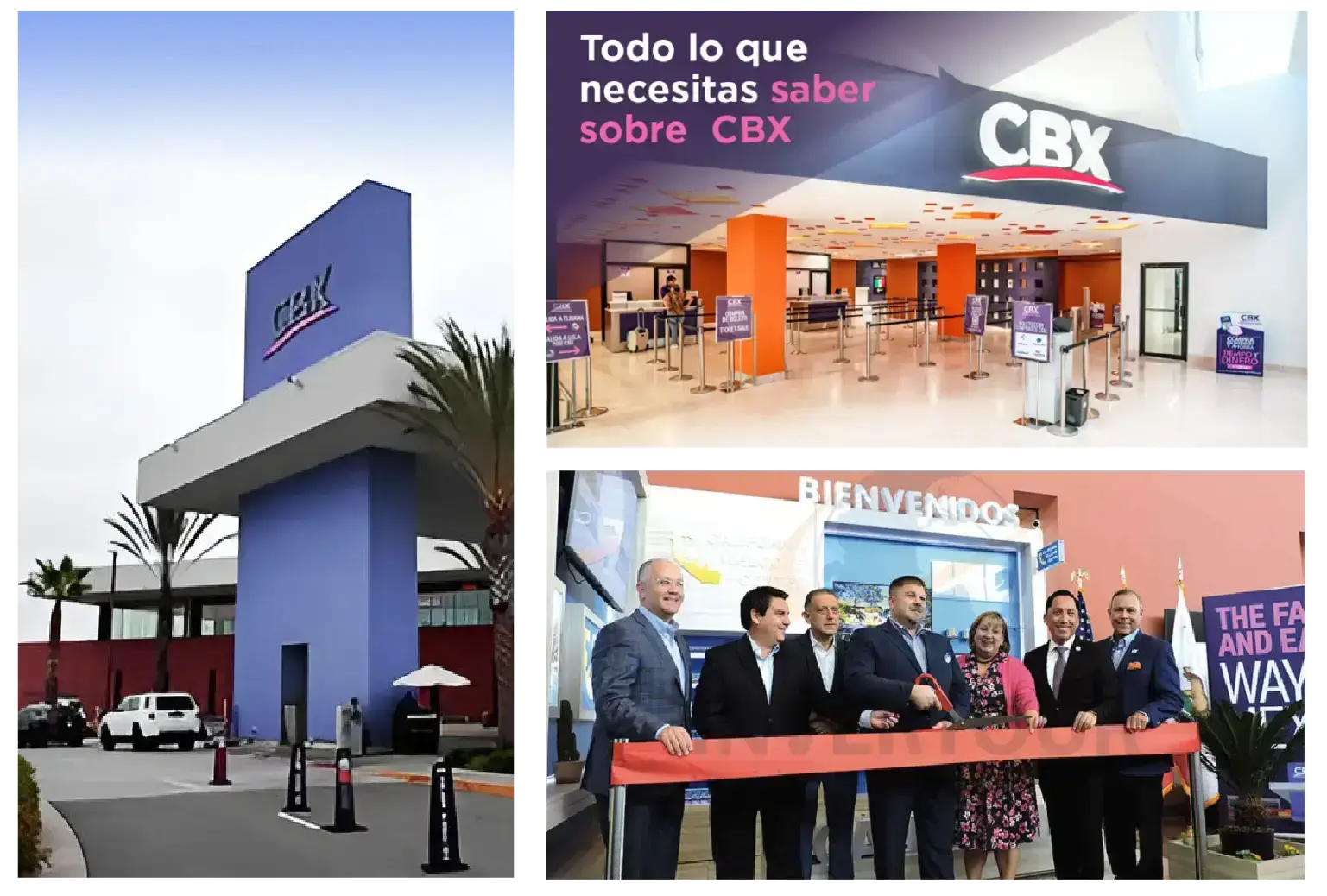 Composición fotográfica con exterior de la terminal CBX, área de acceso y ceremonia de corte de listón.