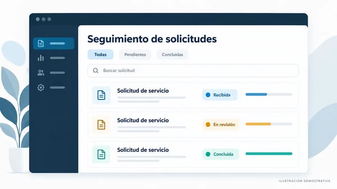 Ilustración conceptual de una bitácora con filtros y estados de solicitudes