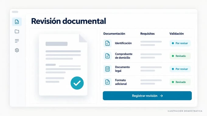 Ilustración conceptual de un panel de revisión documental con requisitos y estados de validación