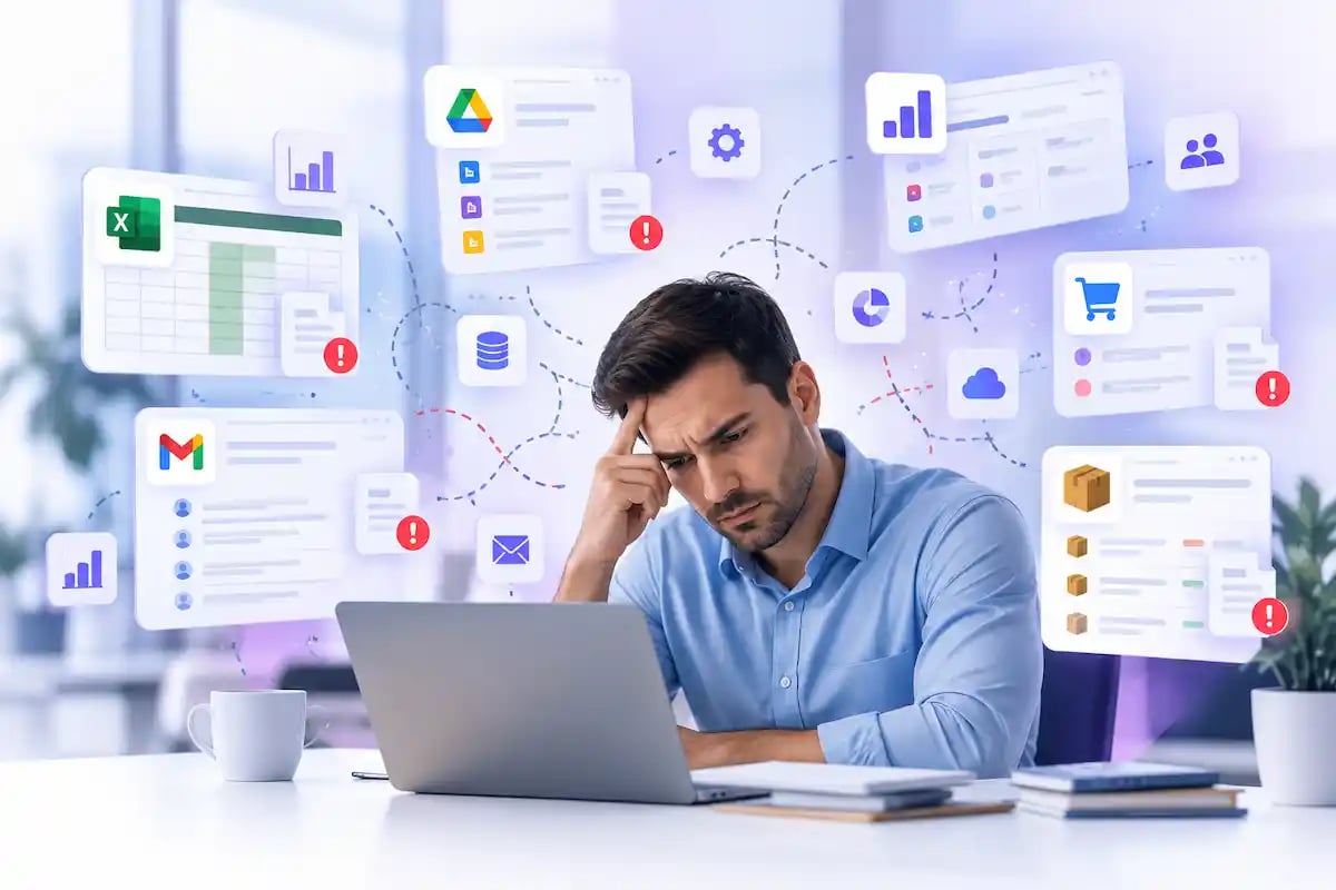 Procesos empresariales desconectados con información dispersa entre hojas de cálculo, correos, ventas e inventarios