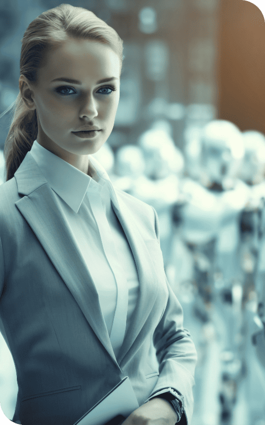 person-surrounded-by-ai-robots-coworkers