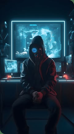 portrait-man-gas-mask-sitting-front-computer-monitor
