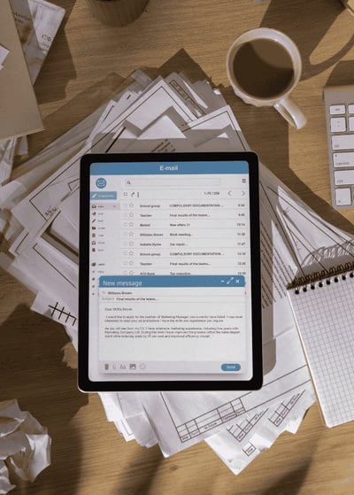 top-view-messy-office-workspace-with-tablet