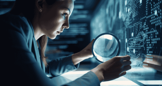 young-businesswoman-searches-data-with-magnifying-glass-generated-by-ai