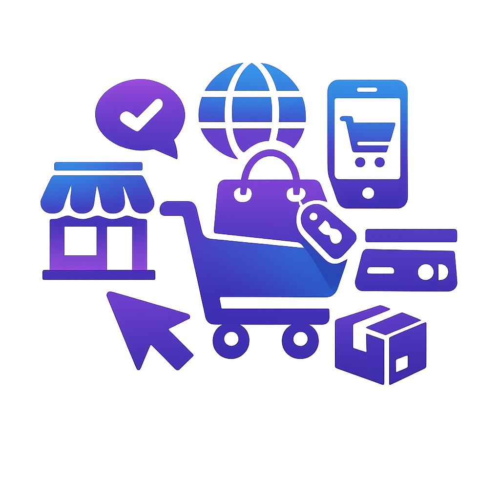 ICONO AZUL CON MORADO DE Retail con plataformas ecommerce  SIN FONDO NI TEXTO