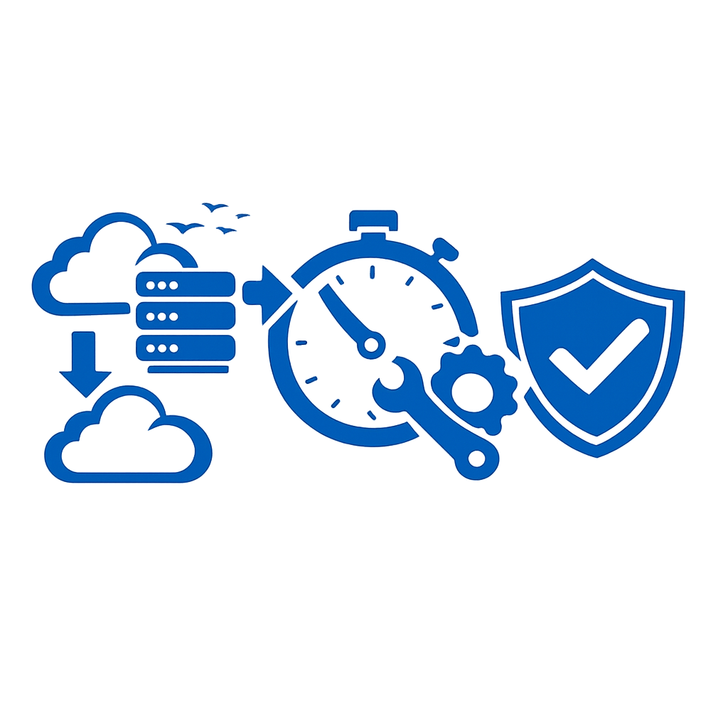 icon sin fondo ni texto de  Migracin Controlada Migracin por oleadas Minimizacin de downtime Pruebas de integridad  azul sin fondo ni texto