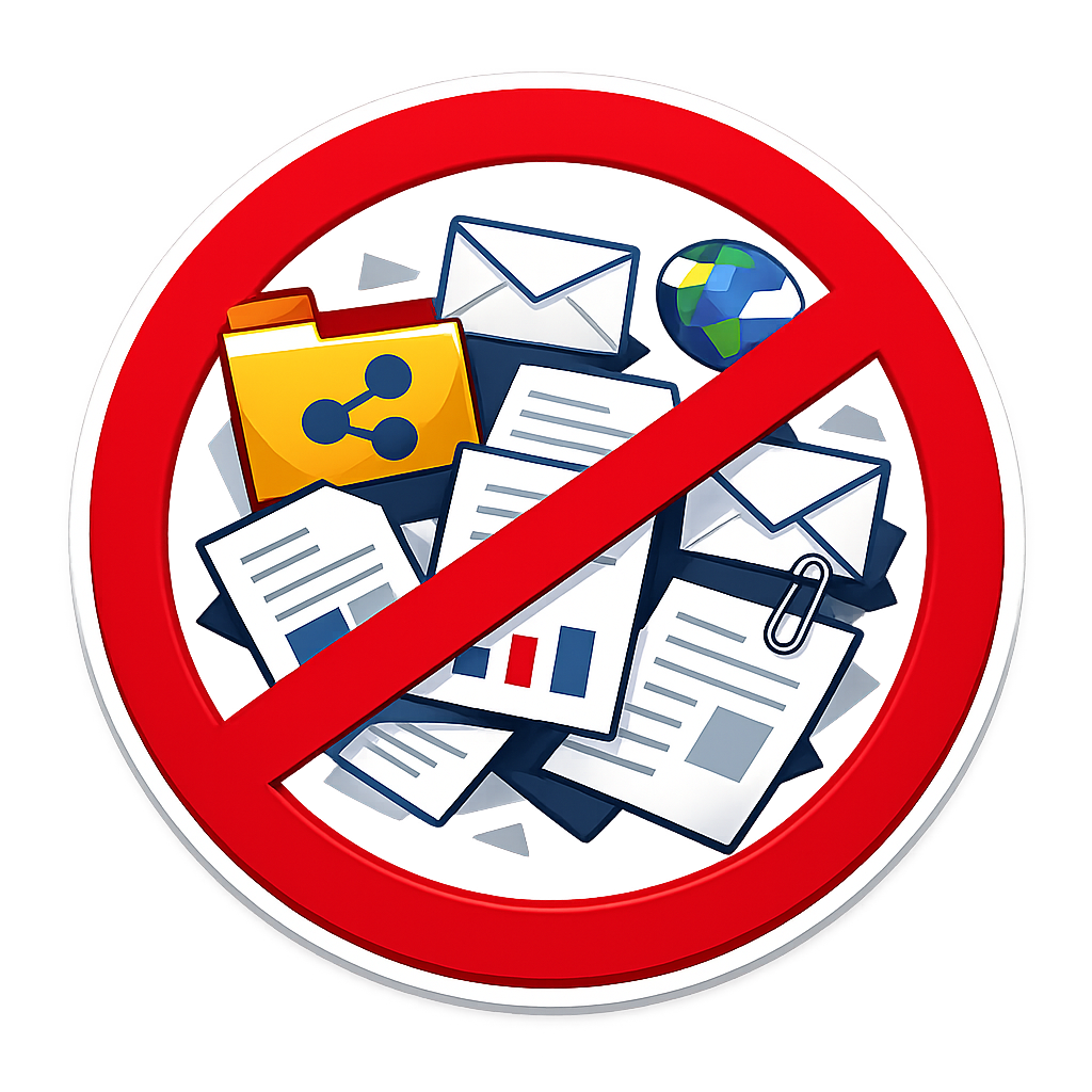 icono de Documentos dispersos en correos y carpetas compartidas  y al exterior un circulo de prohibido rojo con fonddo blanco