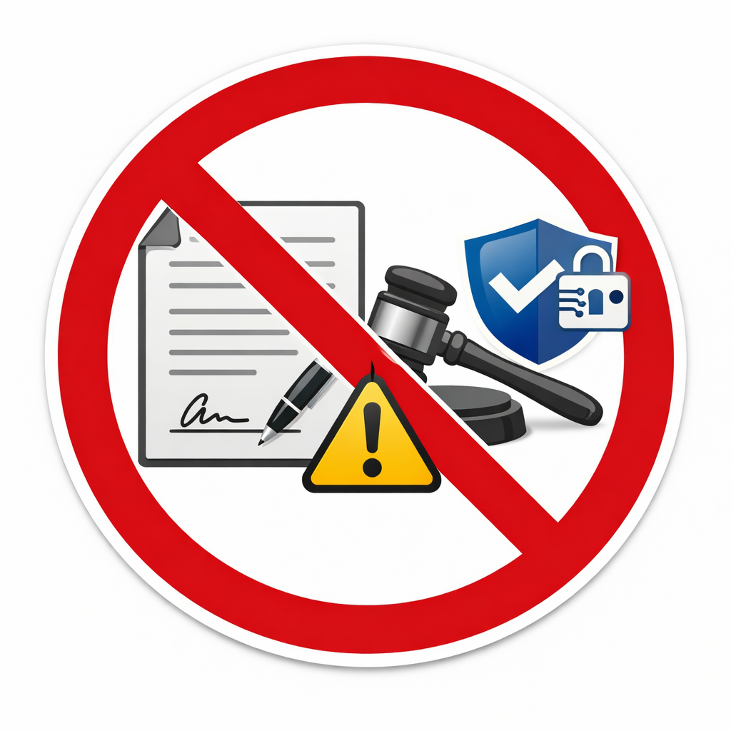 icono de Riesgos legales por falta de firma digital vlida  con un circulo de prohibido al exterior y fondo blanco
