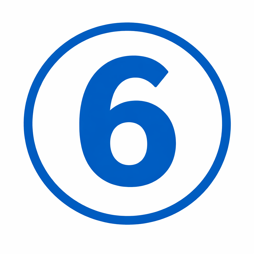 iconodel numero  6 en azul con un fondo blanco y un circulo al exterior-3