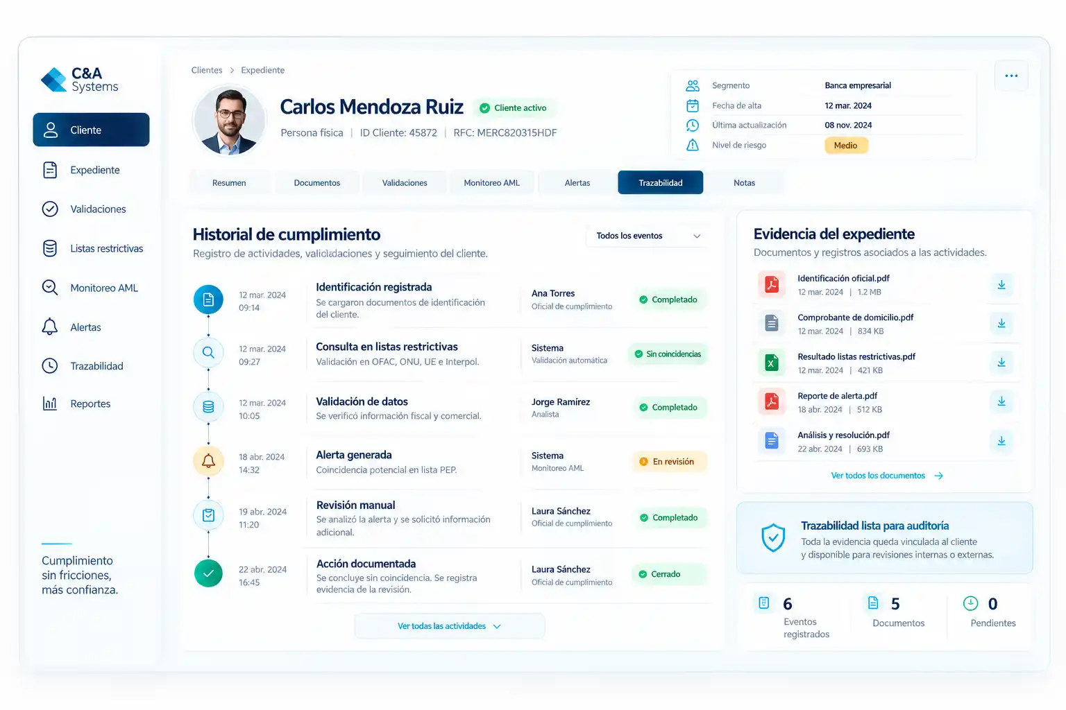Interfaz ilustrativa de trazabilidad, historial y evidencia de un proceso KYC AML