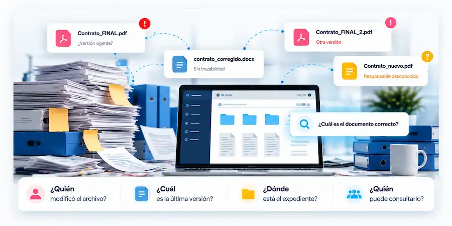 Problemas de gestión documental: múltiples versiones de documentos, falta de trazabilidad y dificultad para identificar el expediente correcto