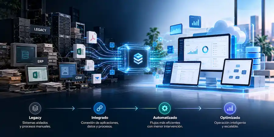 Modernización de software empresarial desde sistemas legacy hacia plataformas integradas, automatizadas y optimizadas